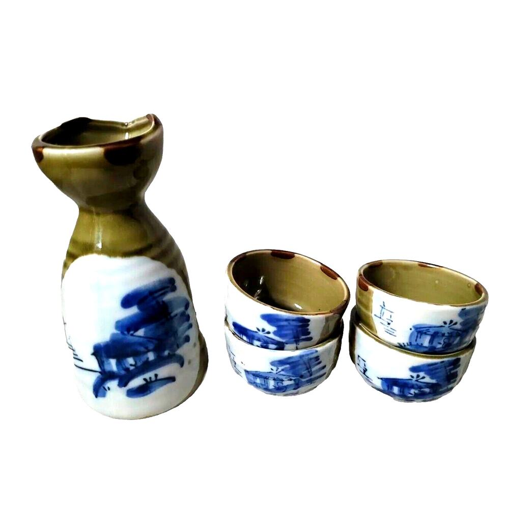 Vtg Set 5 Sake Rice Green Pottery Japanese Drink Cups Pitcher Pinch Pottery